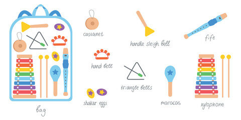 Obraz premium Hand drawn toy musical instruments for kids with backpack. Flat vector illustration