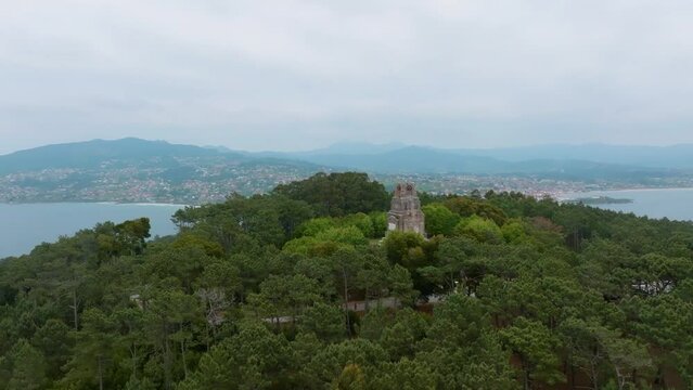 Drone Flying Over Wild Forest Towards Patos and Panjon, Vigo, Galicia, Spain