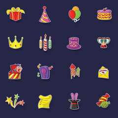 Fototapeta premium Birthday icons set stikers collection vector with shadow on purple background