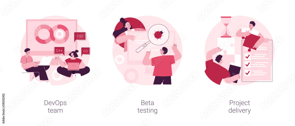 Poster it teamwork abstract concept vector illustration set. devops team, beta testing, project planning an