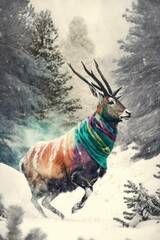 A Beautiful Cheerful Funny Encounter in a Winter Wonderland: A Antelope Animal in a Long Colorful Scarf Races in Beautifully Snowy Serene Glacial Pine Forest (generative AI)