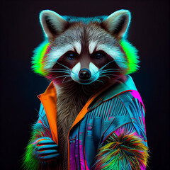 Fototapeta Realistic lifelike raccoon in fluorescent electric highlighters ultra-bright neon outfits, commercial, editorial advertisement, surreal surrealism. 80s Era comeback	
 obraz