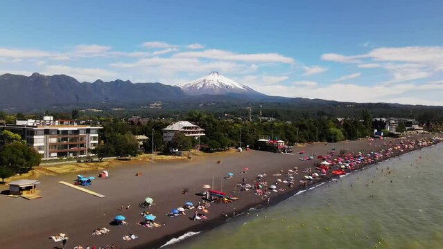 Aerial shot of Pucon and Villarica volcano