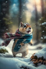 Obraz premium A Beautiful Cheerful Funny Encounter in a Winter Wonderland: A Chipmunk Animal in a Long Colorful Scarf Races in Beautifully Snowy Serene Glacial Pine Forest (generative AI)