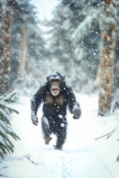 A Beautiful Cheerful Funny Encounter in a Winter Wonderland: A Chimpanzee Animal in a Long Colorful Scarf Races in Beautifully Snowy Serene Glacial Pine Forest (generative AI)
