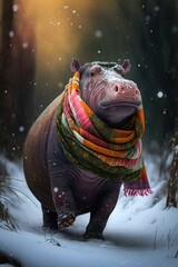 A Beautiful Cheerful Funny Encounter in a Winter Wonderland: A Hippopotamus Animal in a Long Colorful Scarf Races in Beautifully Snowy Serene Glacial Pine Forest (generative AI)