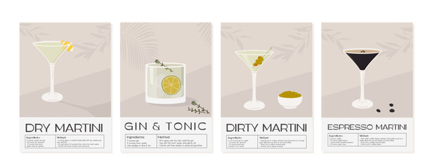 Set of summer aperitif recipe retro pastel posters. Gin Tonic, Espresso, Dry and Dirty Martini in glass with ice and garnishes. Wall art print with classic alcoholic beverage. Vector flat illustration - obrazy, fototapety, plakaty