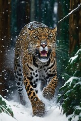 A Beautiful Cheerful Funny Encounter in a Winter Wonderland: A Jaguar Animal in a Long Colorful Scarf Races in Beautifully Snowy Serene Glacial Pine Forest (generative AI)