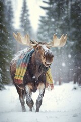 A Beautiful Cheerful Funny Encounter in a Winter Wonderland: A Moose Animal in a Long Colorful Scarf Races in Beautifully Snowy Serene Glacial Pine Forest (generative AI)