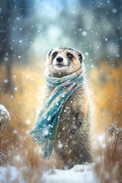 A Beautiful Cheerful Funny Encounter in a Winter Wonderland: A Meerkat Animal in a Long Colorful Scarf Races in Beautifully Snowy Serene Glacial Pine Forest (generative AI)