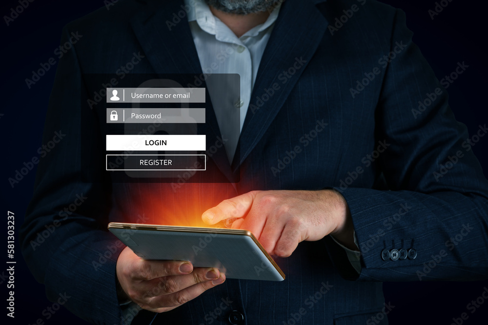 Poster businessman login using his smartphone. using mobile phone to type user and passwords for login. con