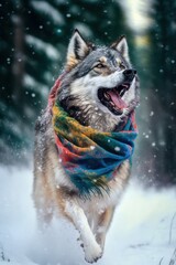 A Beautiful Cheerful Funny Encounter in a Winter Wonderland: A Wolf Animal in a Long Colorful Scarf Races in Beautifully Snowy Serene Glacial Pine Forest (generative AI)