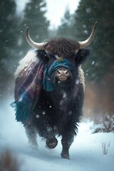 A Beautiful Cheerful Funny Encounter in a Winter Wonderland: A Yak Animal in a Long Colorful Scarf Races in Beautifully Snowy Serene Glacial Pine Forest (generative AI)