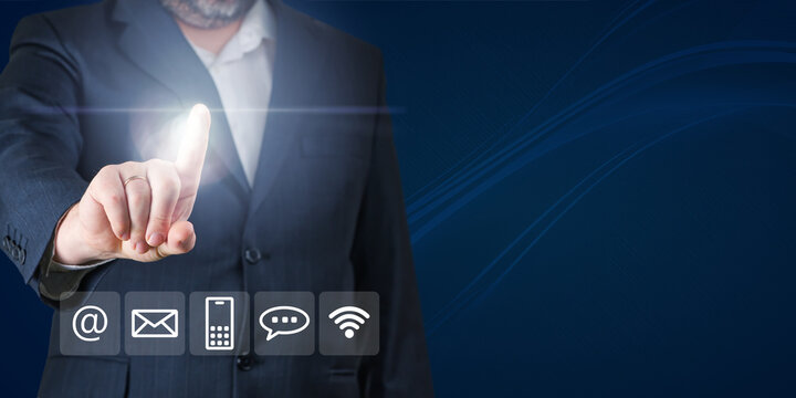 Businessman touching screen for contact us information. Contact us concept. customer consulting service, email, hotline, business contact, digital online business, digital service.
