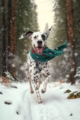 A Beautiful Cheerful Funny Encounter in a Winter Wonderland: A Dalmatian dog Animal in a Long Colorful Scarf Races in Beautifully Snowy Serene Glacial Pine Forest (generative AI)
