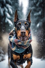 A Beautiful Cheerful Funny Encounter in a Winter Wonderland: A Doberman Pinscher dog Animal in a Long Colorful Scarf Races in Beautifully Snowy Serene Glacial Pine Forest (generative AI)