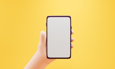 Fototapeta na wymiar Hand holding smartphone blank screen and modern frameless design, hold Mobile phone on yellow background Ideal for marketing. 3d illustration.
