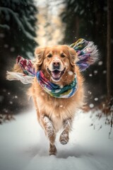 A Beautiful Cheerful Funny Encounter in a Winter Wonderland: A Golden Retriever dog Animal in a Long Colorful Scarf Races in Beautifully Snowy Serene Glacial Pine Forest (generative AI)
