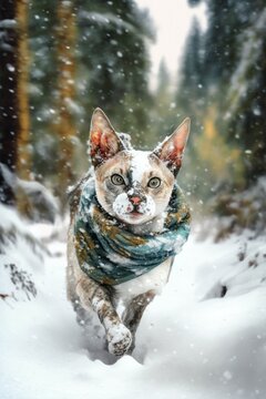 A Beautiful Cheerful Funny Encounter in a Winter Wonderland: A Cornish Rex cat Animal in a Long Colorful Scarf Races in Beautifully Snowy Serene Glacial Pine Forest (generative AI)