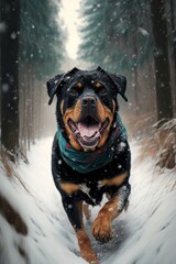 A Beautiful Cheerful Funny Encounter in a Winter Wonderland: A Rottweiler dog Animal in a Long Colorful Scarf Races in Beautifully Snowy Serene Glacial Pine Forest (generative AI)