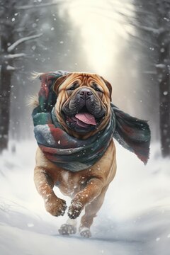 A Beautiful Cheerful Funny Encounter in a Winter Wonderland: A Shar Pei dog Animal in a Long Colorful Scarf Races in Beautifully Snowy Serene Glacial Pine Forest (generative AI)