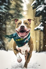 A Beautiful Cheerful Funny Encounter in a Winter Wonderland: A American Pit Bull Terrier dog Animal in a Long Colorful Scarf Races in Beautifully Snowy Serene Glacial Pine Forest (generative AI)