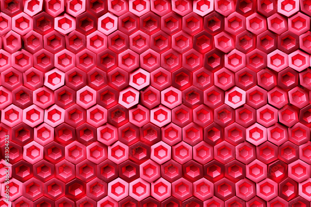 Poster 3d illustration honeycomb mosaic. realistic texture of geometric grid cells. abstract red wallpaper 