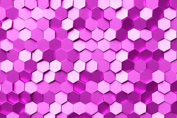 3d illustration honeycomb mosaic. Realistic texture of geometric grid cells. Abstract pink wallpaper with hexagonal grid.