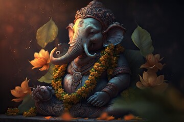 Ganesha God with Flowers - obrazy, fototapety, plakaty