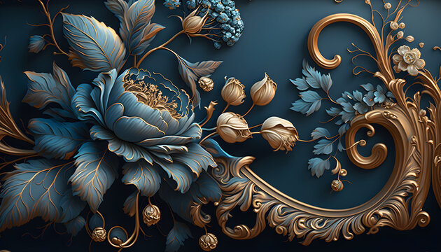  a blue and gold wallpaper with a floral design, a detailed painting by Josef Navrátil, behance contest winner, rococo, ornate, rococo, high detail, pattern