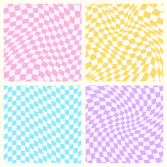 Set of groovy psychedelic wavy chessboard background, hippie twisted checkerboard, y2k, gingham pattern backdrop, vector illustration