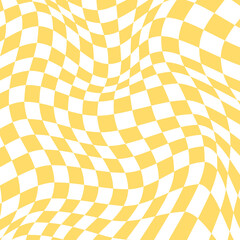 Yellow groovy psychedelic wavy chessboard background, twisted checkerboard, y2k, gingham pattern backdrop, png transparent. © i_fleurs