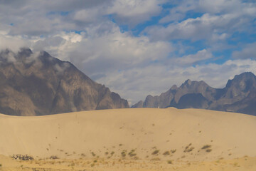 Desert in Karakoram high mountain hills. Nature landscape background, Skardu, Gilgit, Pakistan. Travel on holiday vacation.