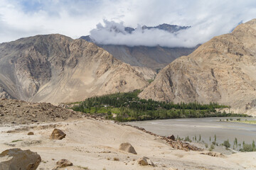 Karakoram high mountain hills. Nature landscape background, Skardu-Gilgit, Pakistan. Travel on holiday vacation.