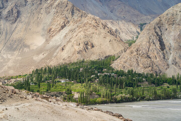 Karakoram high mountain hills. Nature landscape background, Skardu-Gilgit, Pakistan. Travel on holiday vacation.