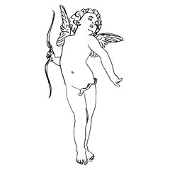 Standing Cupid or Amur holding a bow. Ancient Greek god of love Eros as a winged Putto angel child. Hand drawn linear doodle rough sketch. Black silhouette on white background.