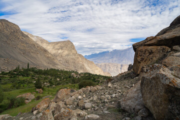 Fototapeta na wymiar Karakoram high mountain hills. Nature landscape background, Skardu-Gilgit, Pakistan. Travel on holiday vacation.