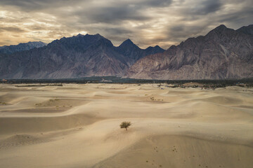 Aerial top view of desert in Karakoram high mountain hills. Nature landscape background, Skardu, Gilgit, Pakistan. Travel on holiday vacation.