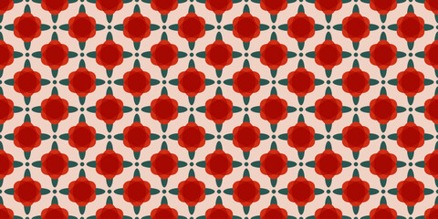 Retro roses seamless pattern. Stylized flowers repeating background. Vintage wallpaper in 60s, 70s or 80s style. Vector