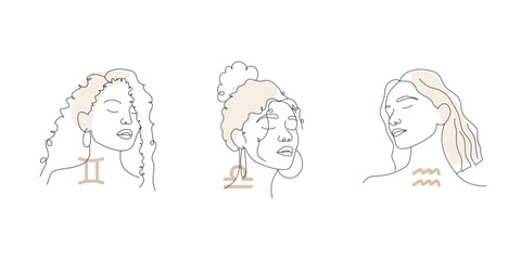 Gemini, libra, aquarius. Air zodiac signs with linear female faces. Astrological icons on white background. Mystery and esoteric. Vector illustration. Horoscope symbols for tarot cards, calendars.