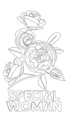 One continuous line of Special Woman word with rose flowers. Thin Line Illustration vector concept. Contour Drawing Creative ideas.