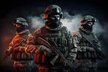 Fototapeta premium Soldiers With a Gun War Background Generative AI