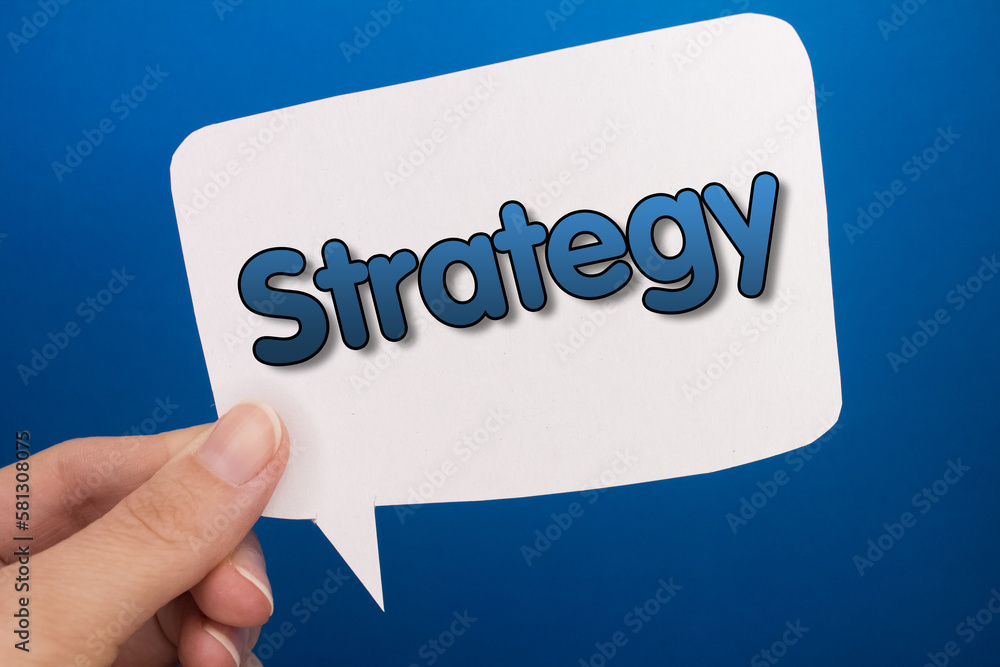 Poster speech bubble in front of colored background with strategy text.