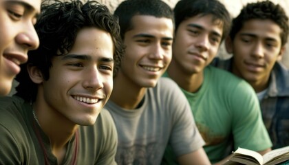 Fototapeta premium Group of Diverse and Empowered Hispanic Youth Male High School Students Working Together in Book Club : Power of Collaboration in Clubs, Sports Teams (generative AI)