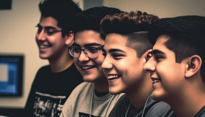 Group of Diverse and Empowered Hispanic Youth Male High School Students Working Together in Coding Club : Power of Collaboration in Clubs, Sports Teams (generative AI)