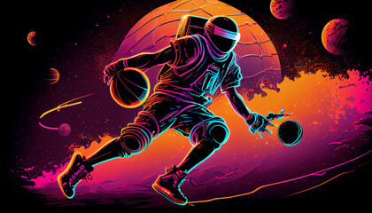 A Astronaut basketball in art illustration vector, with synthwave style