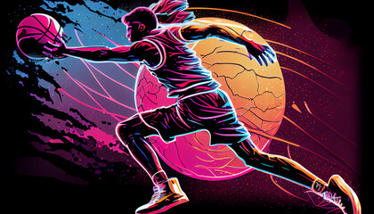 A Astronaut basketball in art illustration vector, with synthwave style