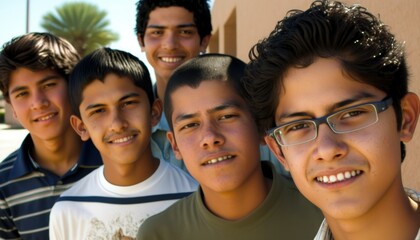 Obraz premium Group of Diverse and Empowered Hispanic Youth Male High School Students Working Together in Math Club : Power of Collaboration in Clubs, Sports Teams (generative AI)