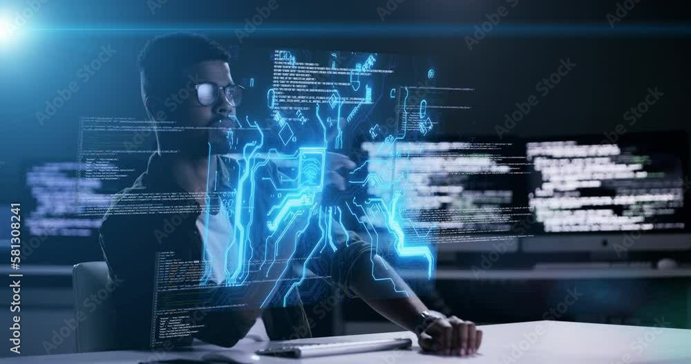Poster Man, programming and dashboard hologram at night on computer or coding software application at office. Male programmer working late on futuristic AI technology or virtual app for UI or UX overlay