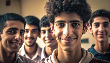 Obraz premium Group of Diverse and Empowered Middle Eastern Youth Male High School Students Working Together in Language Club : Power of Collaboration in Clubs, Sports Teams (generative AI)